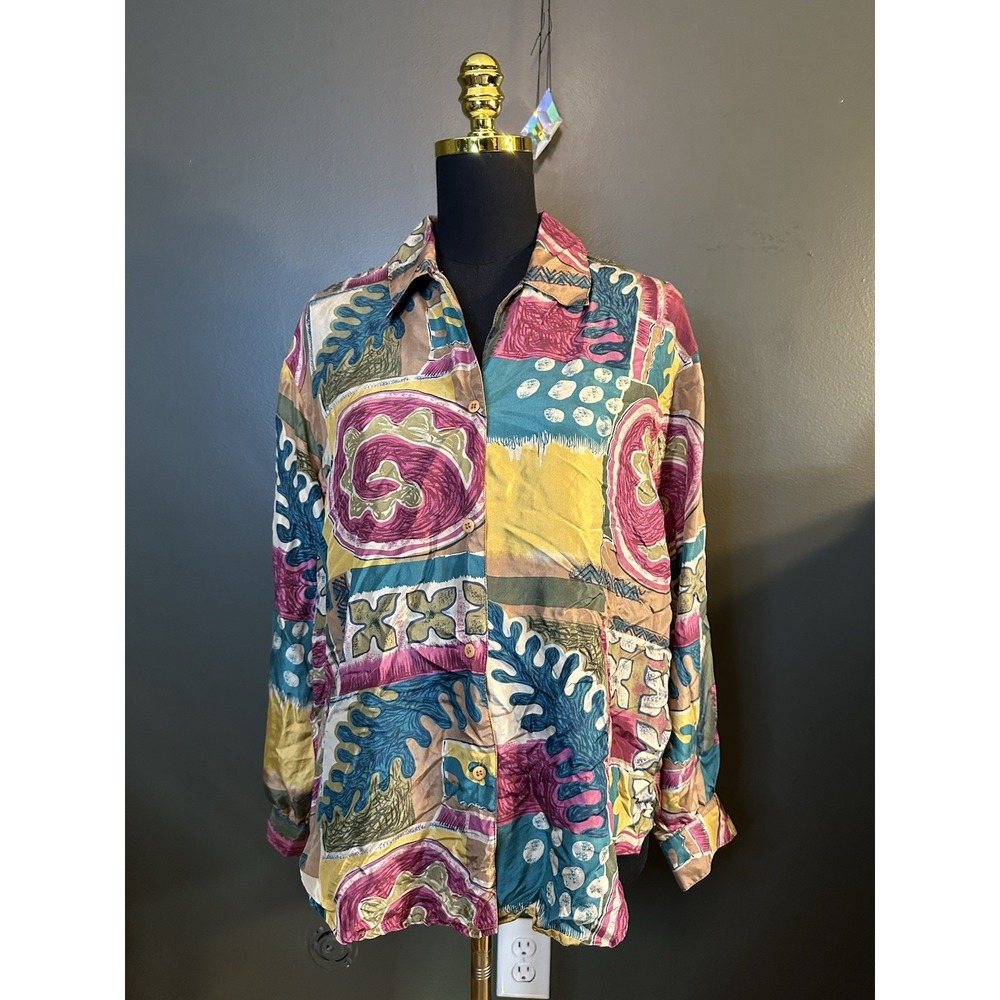 Notations Petite Vintage Silk Artsy Long Sleeve Button Down Top P S Small